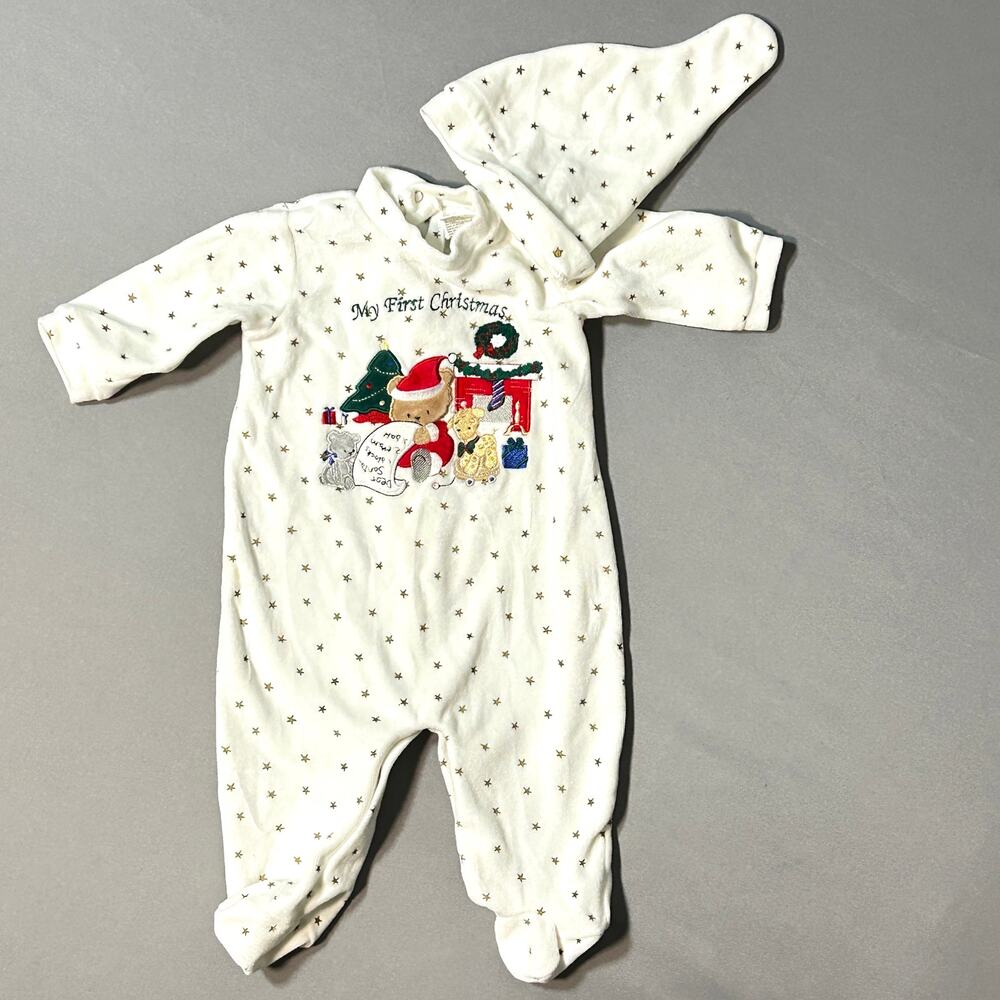 My First Christmas‎ Baby Velour Footed Sleeper Hat Set White Gold Stars 6M NWT